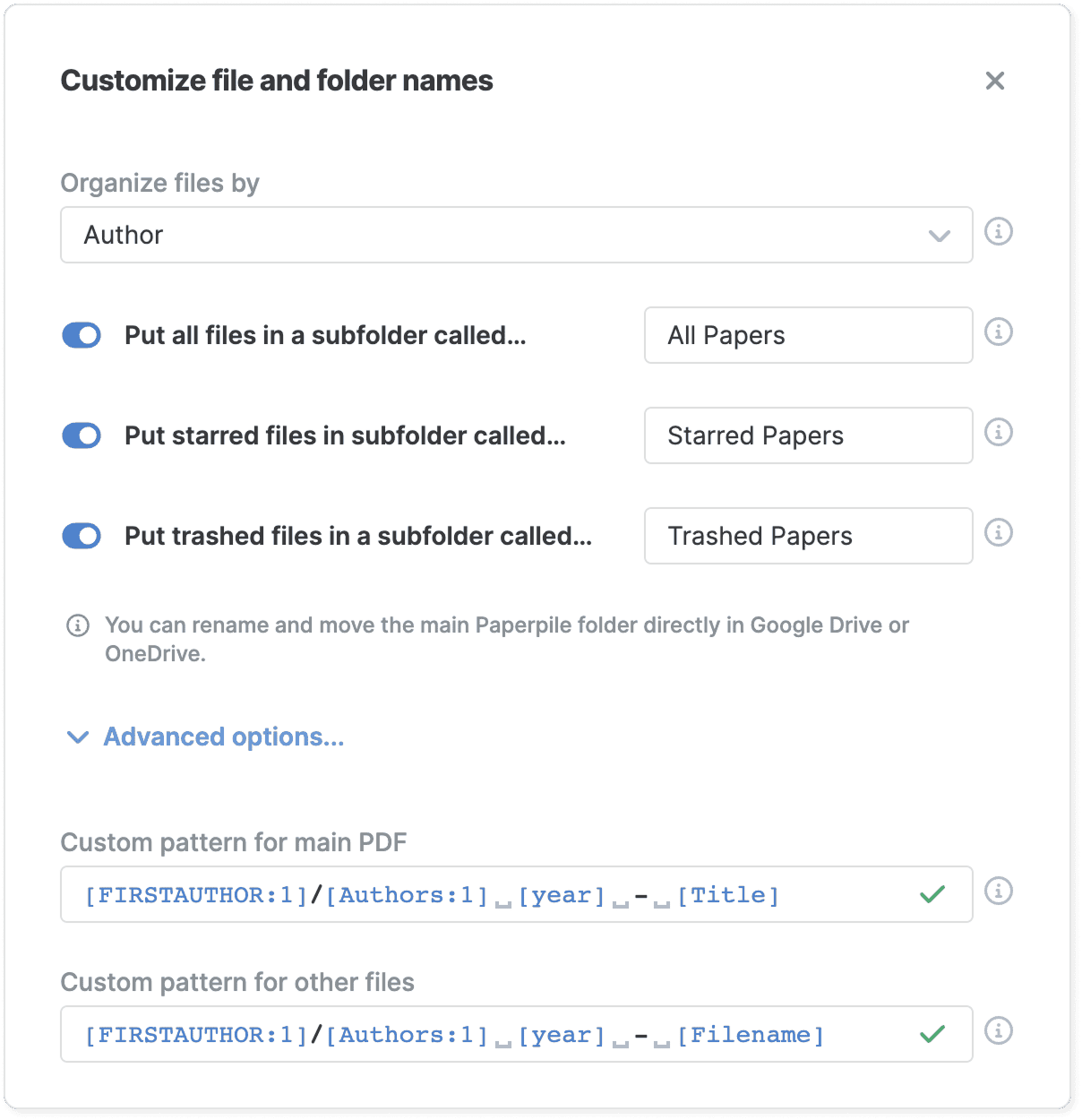 The “Customize file and folder names” dialog with “Organize files by” set to Author, three subfolder toggles for all, starred and trashed files, and advanced custom patterns for the main PDF and other files.